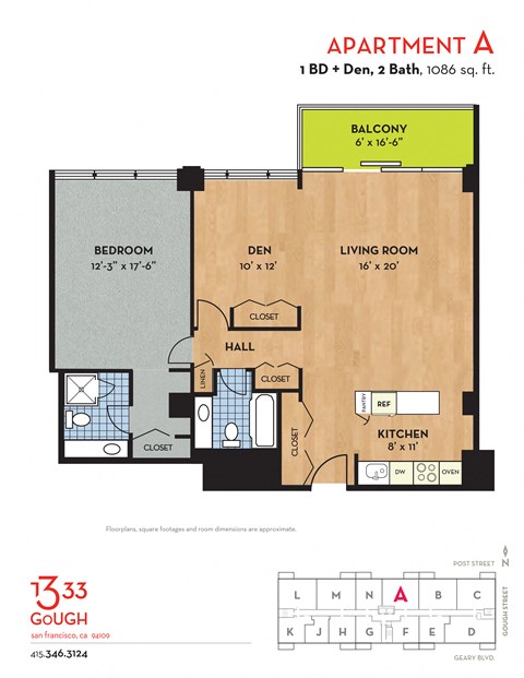 Floor plan for 1 bed, 2 baths, 1086 sqft